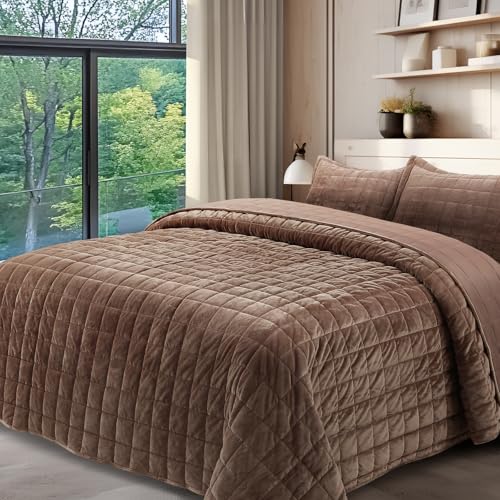Velvet Quilt Queen Size, Luxury Soft Bedding Set, Lightweight Cozy Warm Quilted 3-Piece Velvet Coverlet Bedspread Set with 2 Pillow Shams for All Season, Brown - color: Brown, size: Full/Queen(90"x98")