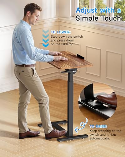 BIZUM Mobile Standing Desk Laptop Desk Pneumatic with Wheels 180° Tilt Top Hospital Bed Table Portable Rolling Cart Foldable Bedside Table for Hospital&Home Use, Walnut - color: Walnut