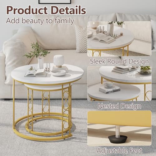Coffee Table Faux Marble Nesting Table for Small Place 2 Sets Modern Furniture Living Room Sets End Side Table Night Stand for Bed Room Dining Room (White & Gold) - color: White and Gold