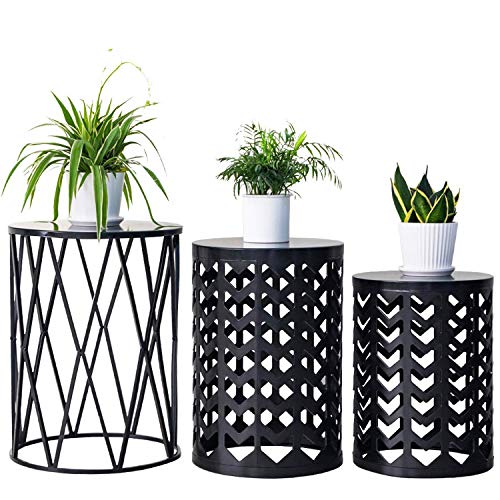 HFHOME Multifunctional Nesting Round Metal Coffee End Tables, Set of 3 Modern Furniture Nightstands Decor Side Tables Plant Stand for Home Office Indoor Garden Outdoor- Pure Black - color: Classic Black