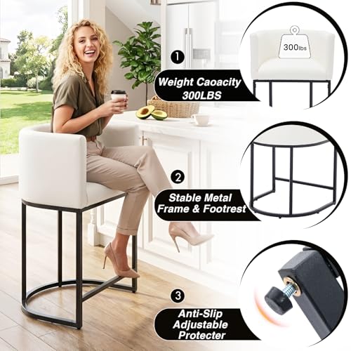 HNY White Modern Barrel Counter Height Clearance Bar Stools Set of 2, 24 Inch PU Leather Kitchen Barstools with Back for Island, with Black Metal Tubular Frame - color: 24inch White,black Base