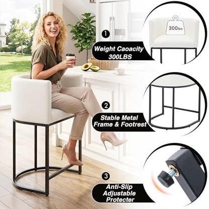 HNY White Modern Barrel Counter Height Clearance Bar Stools Set of 2, 24 Inch PU Leather Kitchen Barstools with Back for Island, with Black Metal Tubular Frame - color: 24inch White,black Base