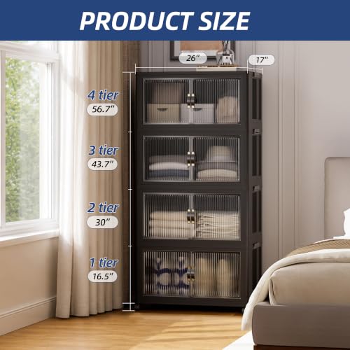 SAILUN 116Gal/464Qt Stackable Storage Bins Folding Collapsible Storage Bins with a Lid, Closet Organizers and Storage,Black 26" W x 17" D x 56.7" H | Stackable Storage Drawers with Lids,26" W x 17" D x 56.7" H,Featuring open-front Access for Clothes and C
