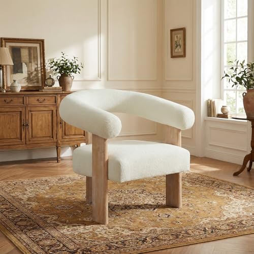 VKNOW Barrel Accent Chair, Vanity Chair with Armrests and Rubberwood Legs | Mid Century Modern Upholstered Living Room Chairs with Open Back, Chenille Fabric, arm chair for Living Room, Bedroom, Cream - color: Cream, size: Set of 1