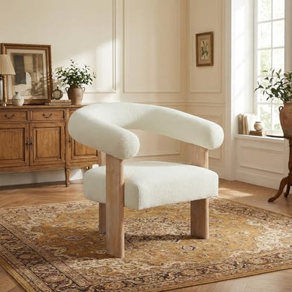 VKNOW Barrel Accent Chair, Vanity Chair with Armrests and Rubberwood Legs | Mid Century Modern Upholstered Living Room Chairs with Open Back, Chenille Fabric, arm chair for Living Room, Bedroom, Cream - color: Cream, size: Set of 1