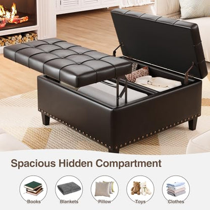 FiveWillowise 31.5 Inch Large Square Ottoman with Storage,Faux Leather | Coffee Table Storage Ottoman Bench with Lift Top Upholstered Footrest Stool Toy Box for Bedroom Living Room,Black - color: Black