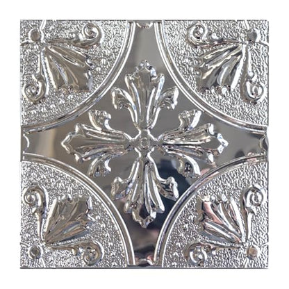 Peel and Stick Metal Backsplash Tiles, Silver Fleur, 10-Pack | 8 x 8 in tile size; Covers up to 4.44 sq ft; Aluminum; Water-resistant surface; For kitchens, ceilings, DIY projects - style: Silver Fleur