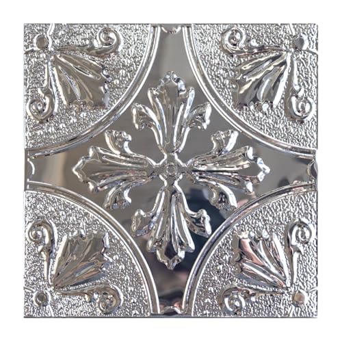 Peel and Stick Metal Backsplash Tiles, Silver Fleur, 10-Pack | 8 x 8 in tile size; Covers up to 4.44 sq ft; Aluminum; Water-resistant surface; For kitchens, ceilings, DIY projects - style: Silver Fleur