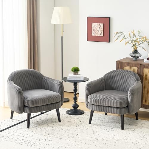 VINGLI 30.3" Wide Modern Barrel Accent Armchairs Set of 2 with Track Armrest, Solid Wooden Legs, Comfy Upholstered Club Chairs, Single Home Sofa for Living Room, Bedroom, Reading Room, Corduroy Grey - color: Grey