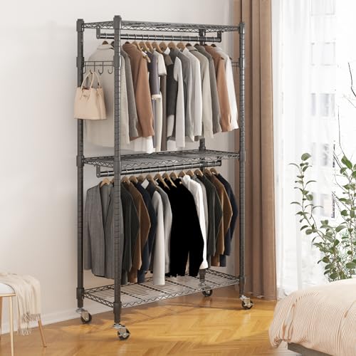 BATHWA Rolling Tall Garment Rack with 2 Rods & 3-Tier Adjustable Shelves, 35.5" W x 16.5" D x 80.7" H, Heavy Duty Clothes Hanging Racks Portable Wardrobe Closet Organizer for Bedroom, Laundry, Black - color: Black, size: Standard