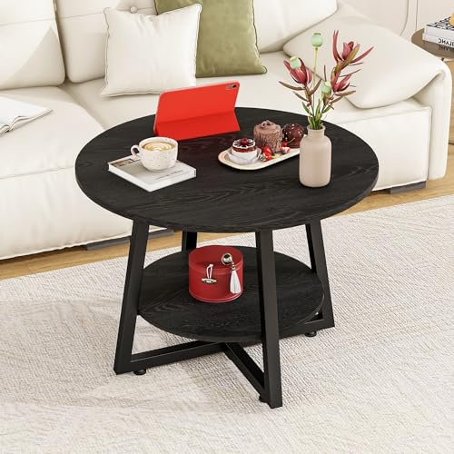 Round Coffee Table with Storage,Metal Small Coffee Table,Black | 2-Tier Circle Small Coffee Table for Living Room, Metal Frame/Wood Look,Modern Sofa Table Center for Home Office - color: Black