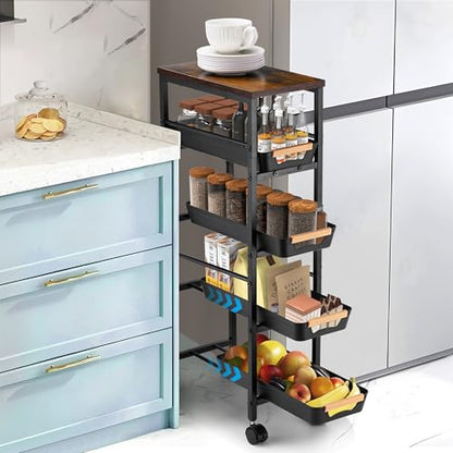 Slim Storage Cart, 5-Tier Narrow Rolling Kitchen Laundry Room Cart with Drawer and Wheels, Metal Utility Cart Slide Out Organizer for Small Spaces (Black) - style: 5 Tiers-Black