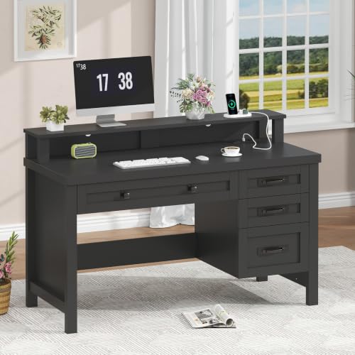 47" Farmhouse Computer Desk with Drawers & Outlets for Home Office, Bedroom | Executive Desk with Power Outlets, Home Office Desk with Monitor Stand & Drawers, Small Desk Writing Study Table, Black - color: Black