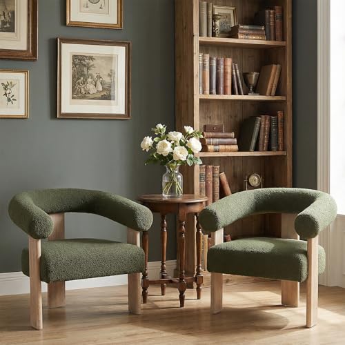 VKNOW Barrel Accent Chairs Set of 2 with Armrests and Rubberwood Legs | Mid Century Modern Upholstered Living Room Chairs with Open Back, Sherpa Fabric, arm chair for Living Room, Bedroom, Green - color: Green, size: Set of 2