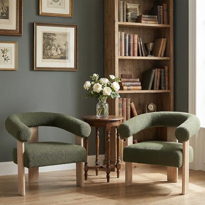 VKNOW Barrel Accent Chairs Set of 2 with Armrests and Rubberwood Legs | Mid Century Modern Upholstered Living Room Chairs with Open Back, Sherpa Fabric, arm chair for Living Room, Bedroom, Green - color: Green, size: Set of 2