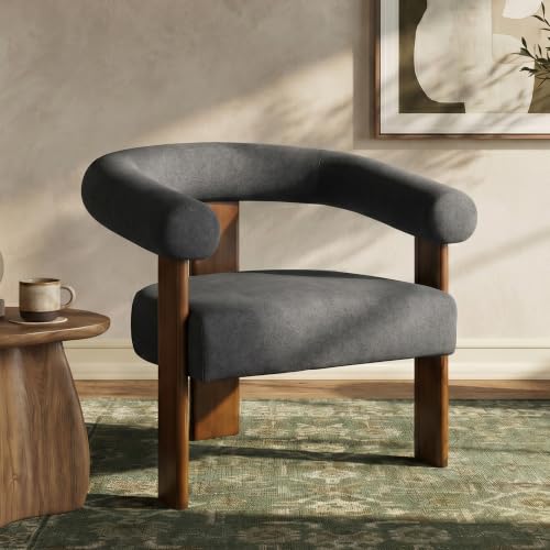VKNOW Barrel Accent Chairs Set of 2 with Armrests and Walnut Wood Legs | Mid Century Modern Upholstered Living Room Chairs with Open Back, Faux Mohair Fabric, for Living Room, Bedroom, Charcoal - color: Charcoal(walnut Legs), size: Set of 2