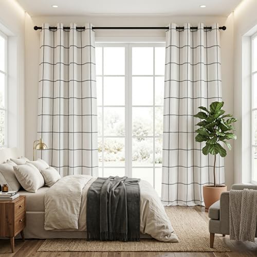 MYSKY HOME 100% Blackout Black Plaid Linen Curtains 84 Inch Long 2 Panels Set Double Layer Farmhouse Thermal Insulated Striped Print Drapes Grommet Top for Bedroom Living Room, 52" W Each Panel - color: Black, size: 52"W x 84"L (Pack of 2)
