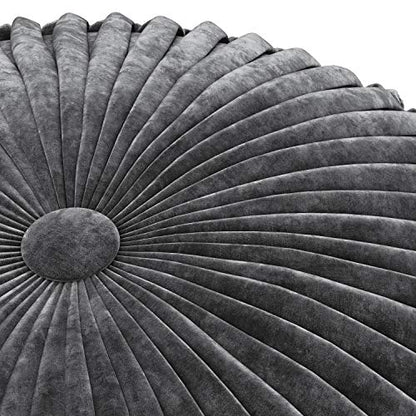 SIMPLIHOME Safford 20" Wide Square Pouf in Grey/White PET Polyester | Boho footstool, extra seating for home living room or bedroom with button-tufted pleated design, assembled; pouf ottoman. - color: Dark Grey, style: Pouf