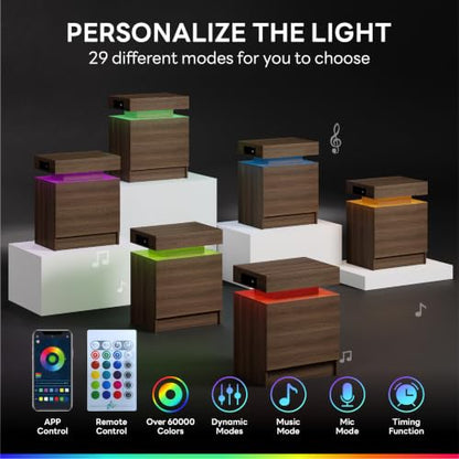 LIKIMIO Nightstand with Charging Station LED Light and 2 Drawers,Walnut | charging station; LED light; 2 smooth glide drawers; Walnut wood grain - color: Walnut