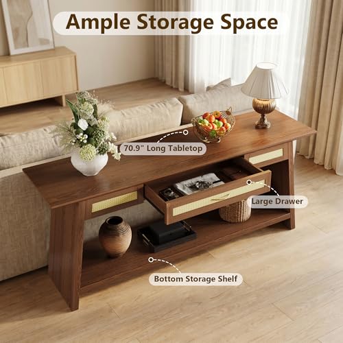 iPormis 70.9 Inches Rattan Entryway Table with Drawer, Narrow Long Console Table Behind Sofa, Wood Entry Accent Hallway Table for Living Room, Behind Couch, Entrance, Rustic Brown - color: Rustic Brown
