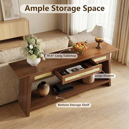 iPormis 70.9 Inches Rattan Entryway Table with Drawer, Narrow Long Console Table Behind Sofa, Wood Entry Accent Hallway Table for Living Room, Behind Couch, Entrance, Rustic Brown - color: Rustic Brown