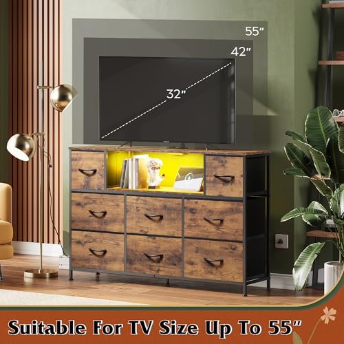 WLIVE LED Dresser TV Stand for 55 Inch TV, 8 Drawers, Rustic Brown | Fits TVs up to 55 inch, 8 fabric drawers, LED chest of drawers, Built-in power outlet, Living room or bedroom - color: Rustic Brown