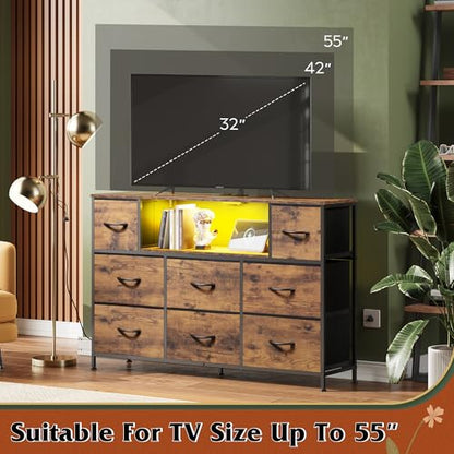 WLIVE LED Dresser TV Stand for 55 Inch TV, 8 Drawers, Rustic Brown | Fits TVs up to 55 inch, 8 fabric drawers, LED chest of drawers, Built-in power outlet, Living room or bedroom - color: Rustic Brown