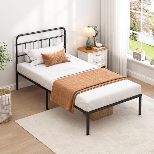 Twin Bed Frame with Classic Headboard, Black | Strong Metal Slats Support,Under Bed Storage Space,No Box Spring Needed,Easy to Assemble - size: Twin