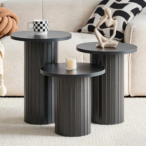 Round Nesting Coffee Table Set of 3 Mid Century Modern Wood Round Coffee Tables with Flexible Small Boho Circle End Table for Space Saving Living Room Comedor Home Office Bedroom(Black) - color: 3pcs Black