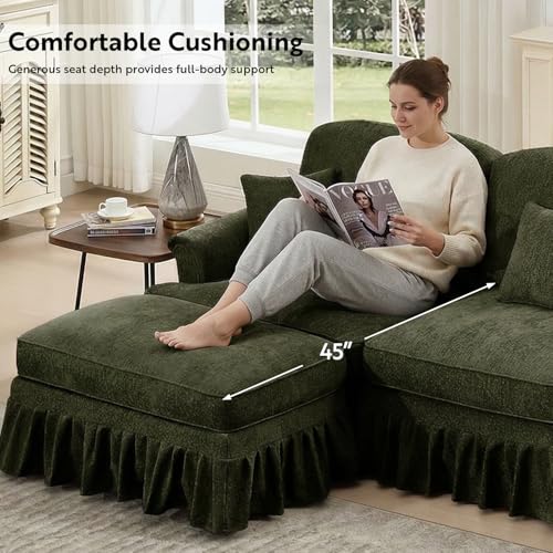 Modular Sectional Sofa Couch, Comfy Chenille Sofa with Removable Ruffled Skirt, Flared Armrests, Sturdy Legs, Convertible Sectional for Living Room, Bedroom, Apartment (Green) - color: Green, size: 107.1 Inch U