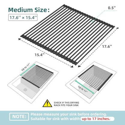 Ohuhu Over The Sink Dish Drainer Drying Rack, 17.6" W x 15.4" L Roll Up Dish Racks Kitchen Sink Organizer Silicone Wrapped Large in Sink Dish Drying Rack Foldable Rolling Drain Mats Anti-Slip - color: Black, size: 17.6"W x 15.4"L