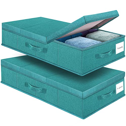 Supowin 2Pack Large Underbed Storage Containers Bin with Lids, Cyan Blue | 6 Inches Tall Under Bed Storage Organizer Box with Handles, Foldable Closet Organizer for Clothes, Blankets, Seasonal Items - color: F-Cyan blue