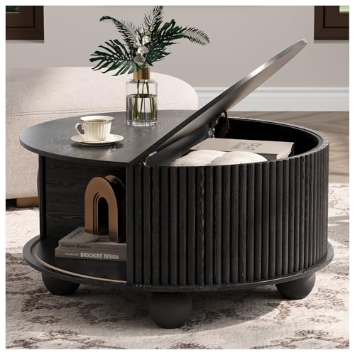 JOINICE 31.5" Round Coffee Table with Storage,Unique Bun Feet,Black | Modern Center Table for Living Room,Hidden Storage,Fluted Sliding Door,Solid Wood Legs,Easy Assembly,Up to 110 lbs - color: Black_round (Bun Feet)