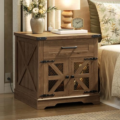 Walnut Farmhouse End Table with Charging Station, 24" Large Sofa Side Table with Drawer, Large End Table for Living Room, Wooden Nightstand with Outlet, Square, Walnut - color: Walnut
