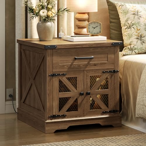 Walnut Farmhouse End Table with Charging Station, 24" Large Sofa Side Table with Drawer, Large End Table for Living Room, Wooden Nightstand with Outlet, Square, Walnut - color: Walnut