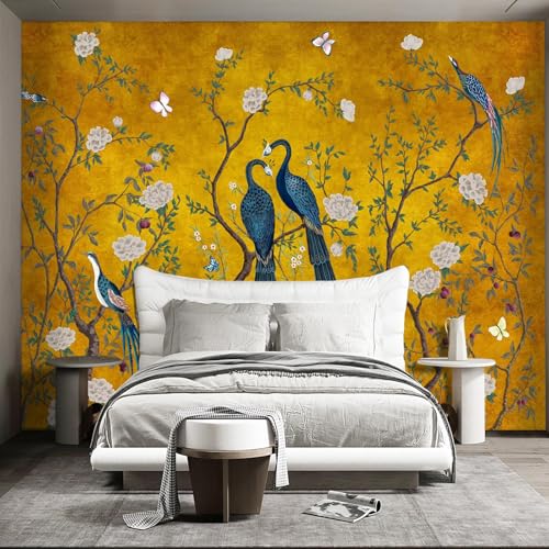 Golden Chinese Style Flowers Birds Large wall murals Peel and Stick Wallpaper for Bedroom Living Room - 85"x118" - color: W04, size: 85"x118"
