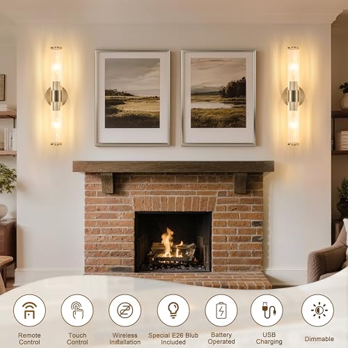 Morauroral Sand Nickel Battery Operated Wall Sconces Set of Two, Rechargeable Wall Sconce with Dimmable Remote Control, 20 Inch Wireless Sconce Wall Light for Bedroom, Living Room (Bulbs Included) - color: Sand Nickel