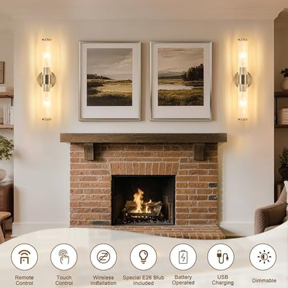 Morauroral Sand Nickel Battery Operated Wall Sconces Set of Two, Rechargeable Wall Sconce with Dimmable Remote Control, 20 Inch Wireless Sconce Wall Light for Bedroom, Living Room (Bulbs Included) - color: Sand Nickel