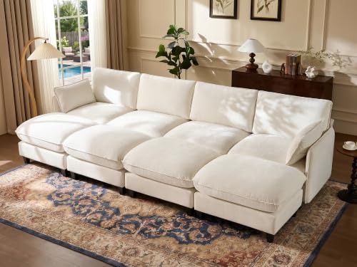 Ihanherry 139" Sleeper Sofa, Modular Sectional Sofa，Oversized Cloud Sofa with Large Cushions & 4 Movable Ottoman, Chenille Deep Seat Sectional for Living Room, Beige - color: Beige Cream, size: 139“ 8 Seat Sleeper Sofa