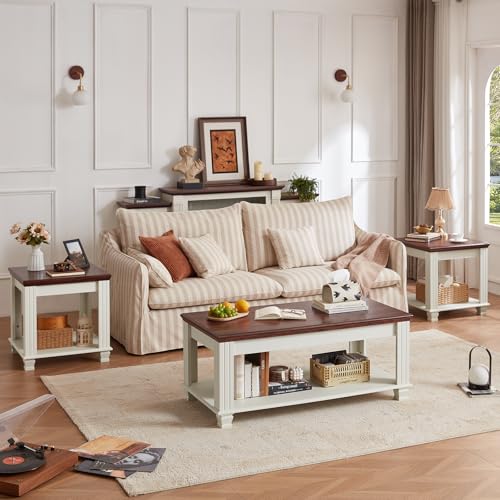 Farmhouse Coffee Table Set of 3, White | Rustic Wood 3 Piece Coffee and End Table Sets with Open Shelf for Living Room - color: White