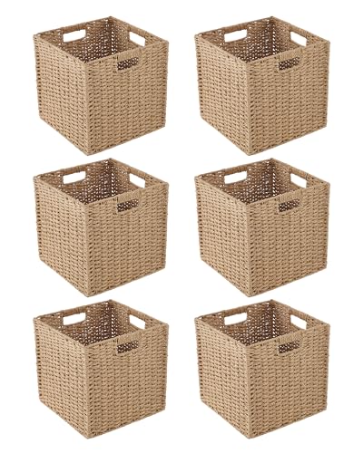 Paper Woven Foldable Storage Baskets 6 Pack, 11.4 Inch Cube Storage Bins, Handmade Paper Material Collapsible Organizer for Shelves & Home Organization, Ideal for Clothes Books Toys Snacks (Natural) - color: Natural- 6pack