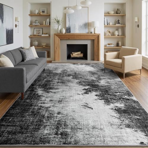 5x7 Black and Grey Low Profile Abstract Rug: Distressed Washable | Non-Skid Stain Resistant Thin Carpet, Pets Kids Friendly Rugs for Bedroom, Living Room, Dorm, Apartment, High Traffic Area - color: Ink Wash, size: 5' x 7' (Rectangular)