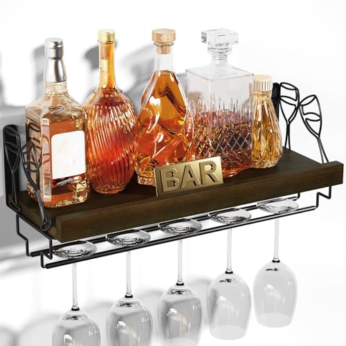 Love-KANKEI Wine Rack with Stemware Hanger,Solid Wood,17inch,Dark Brown | Wine Glass Rack,Floating Wall Shelf,Easy to Install,40 Lbs/shelf,For Kitchen,Dinning Room,Home Bar,Living Room,Elegant Design - color: Dark Brown