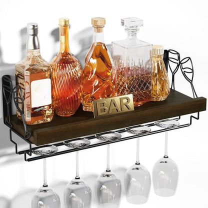 Love-KANKEI Wine Rack with Stemware Hanger,Solid Wood,17inch,Dark Brown | Wine Glass Rack,Floating Wall Shelf,Easy to Install,40 Lbs/shelf,For Kitchen,Dinning Room,Home Bar,Living Room,Elegant Design - color: Dark Brown