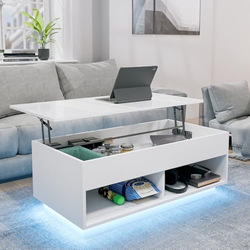 HOMMPA 40" Modern LED Coffee Table with Storage for Living Room, Lift Top Coffee Table with 2 Shelves, High Glossy Wooden Dining Table, Multifunctional Furniture for Bedroom/Home Office, White - color: White, size: 2 Shelves