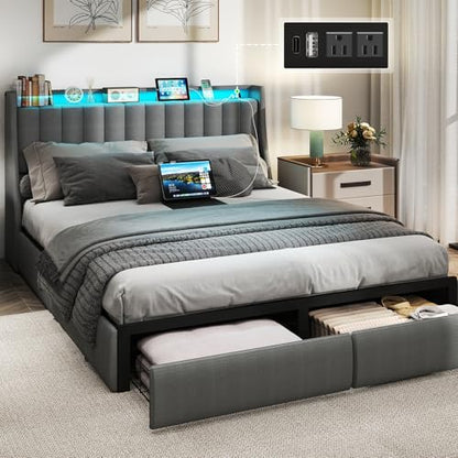 SADENICEL Full Size Bed Frame with 2 Storage Drawer, Full Bed Frame, Grey | Headboard with Charging Station and LED Lights, Metal Platform Bed with Storage Shelf, Noise Free, No Box Spring Needed - size: Full, style: Channel Tufted & 2 Storage Drawers
