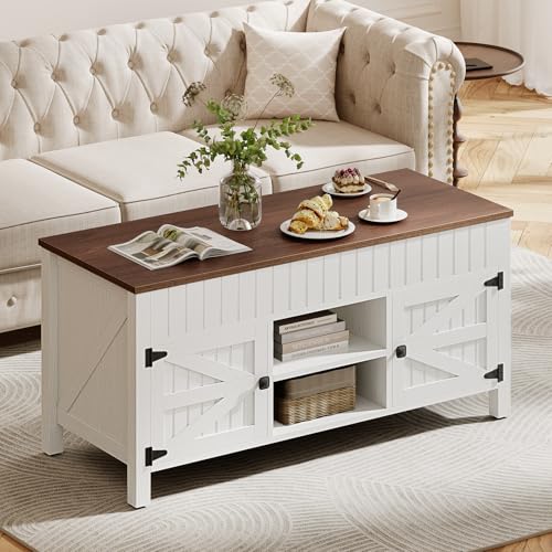 47.3“ Lift Top Coffee Table with Storage - White Coffee Tables for Living Room, Farmhouse Wood Center Table, Large Rectangle Middle Tables with Hidden Compartment & Adjustable Shelf - color: White and Walnut