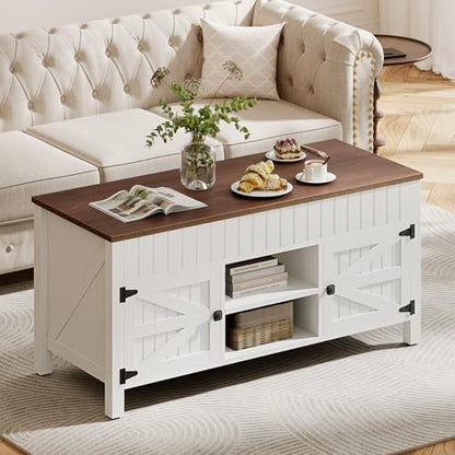 47.3“ Lift Top Coffee Table with Storage - White Coffee Tables for Living Room, Farmhouse Wood Center Table, Large Rectangle Middle Tables with Hidden Compartment & Adjustable Shelf - color: White and Walnut