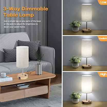 Bedside Table Lamps with 2 USB Charging Ports & AC Outlet, Set of 2 Touch Control Wooden Base Nightstand 3-Way Dimmable Lamps with Beige Fabric Shade for Bedroom, Living Room, A19 E26 Bulbs included - color: Cream