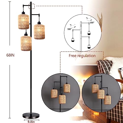QIYIZM Floor Lamp for Living Room,Bedroom,3-Lights Boho Rattan Tree Floor Lights,Industrial Black Farmhouse Standing Lamp Wicker Rustic Tall Lamp,Woven Bamboo LampShade Floor Lamps Bohemian - size: 20-Floor Lamp